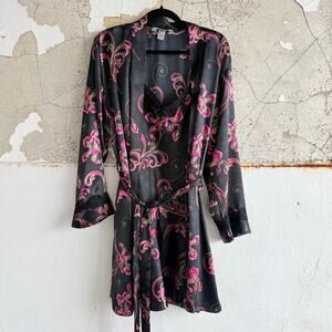 Vtg Delicates Satin Slip Dress + Robe Set Black Pink Baroque Lace Trim 2 Piece M